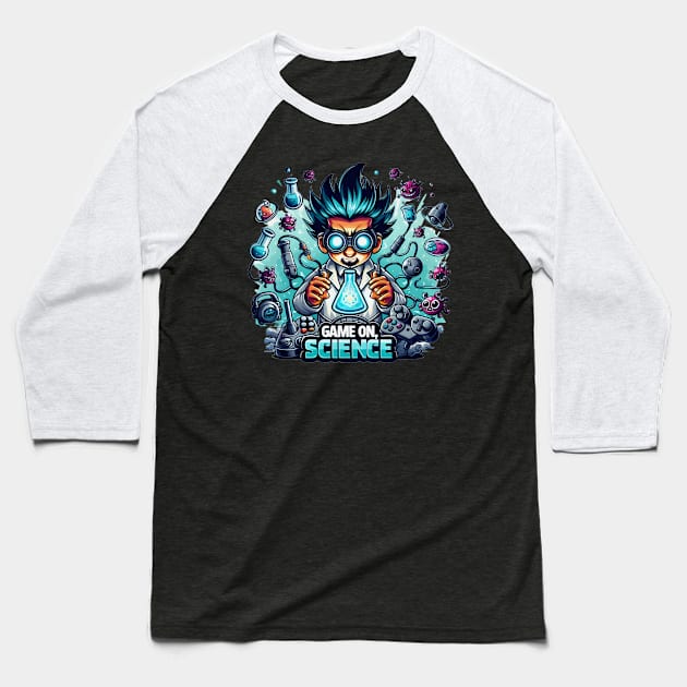 Quantum Gameplay: 'Game On, Science' Illustration Baseball T-Shirt by WEARWORLD